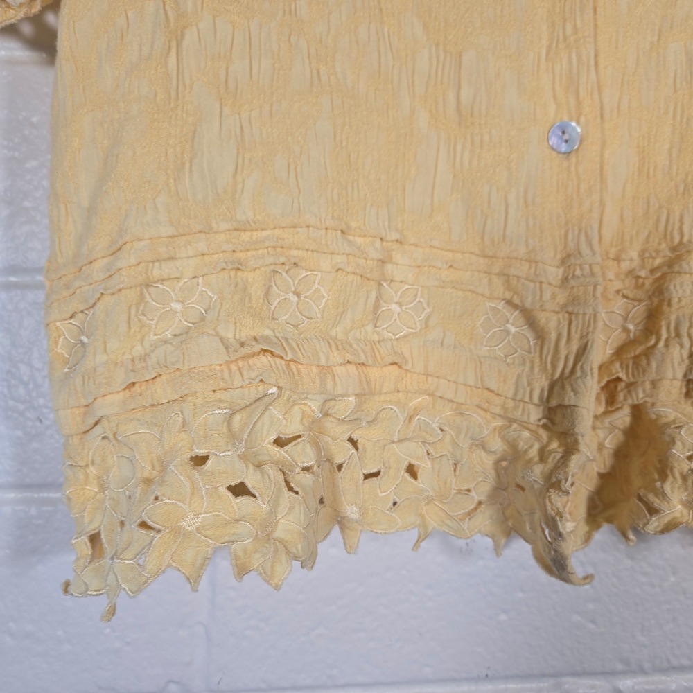 Vtg Butter Yellow Textured Shell Button Shirt 10 Short Sleeve Blouse Top Lace - Picture 3 of 7